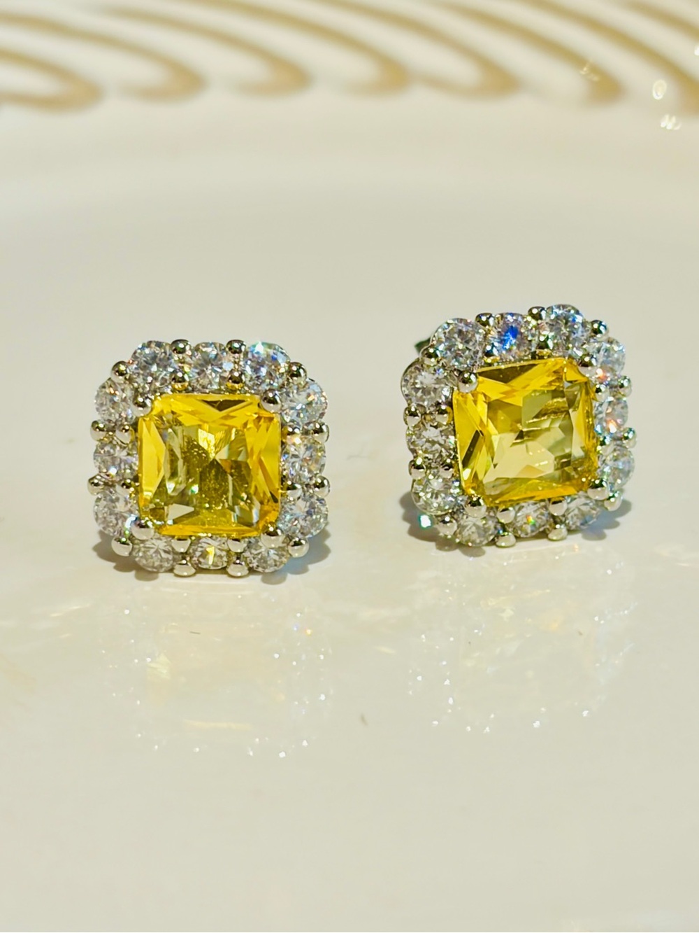 New Lady Princess Cut Yellow Zircon Halo Silver Tone Stud Earrings